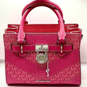Michael Kors Hamilton Small Satchel Shoulder Bag Electric Pink Multi Exotic NWT